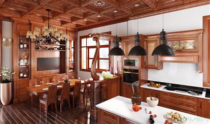 Thiết kế căn bếp hiện đại tân cổ điển gỗ gõ tiện nghi nhưng đầy sang trọng và cuốn hút